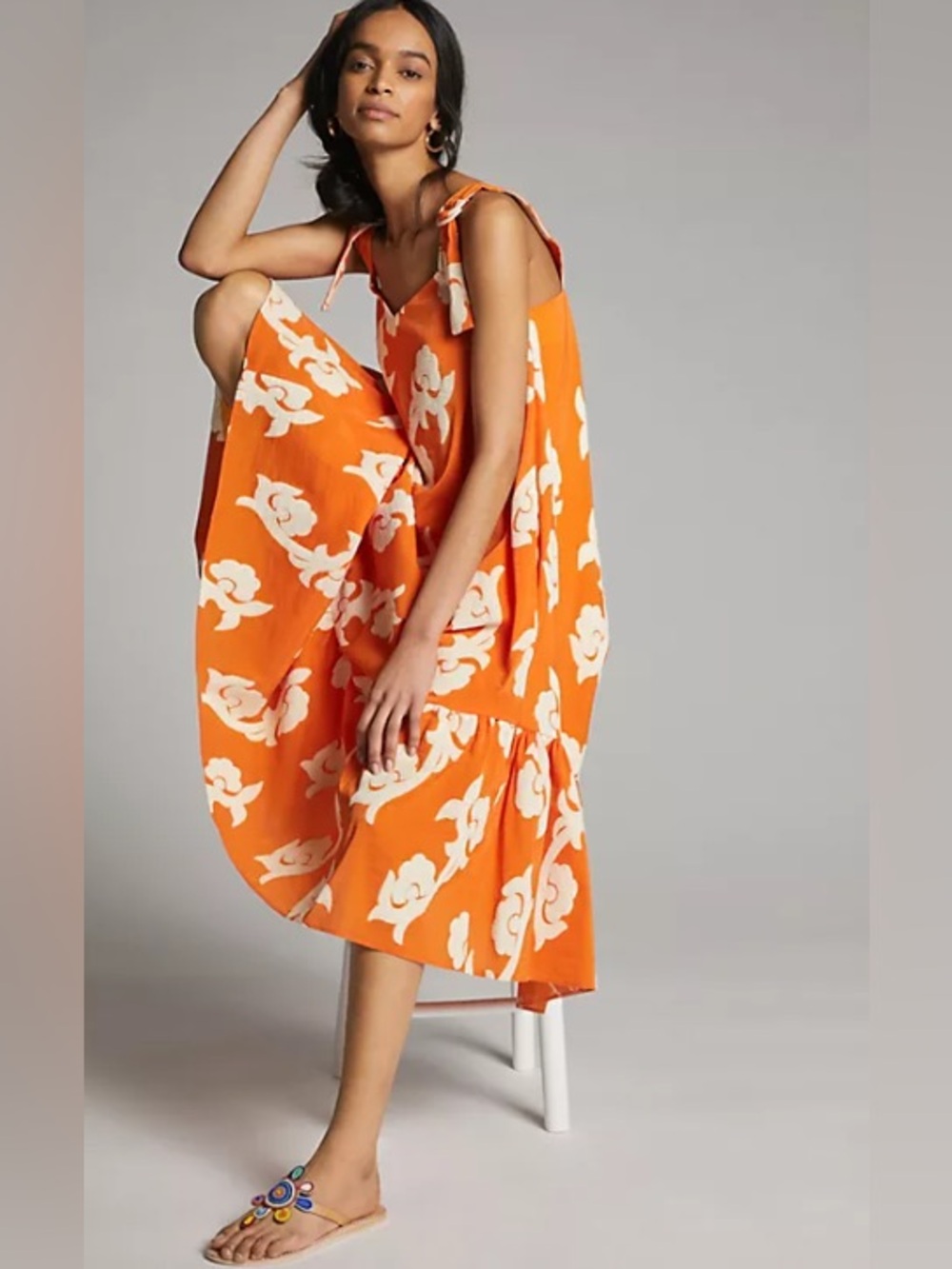 Exquise Phoebe Flounce Dress (Anthropologie) - Orange & Cream & Flowy - Size XL